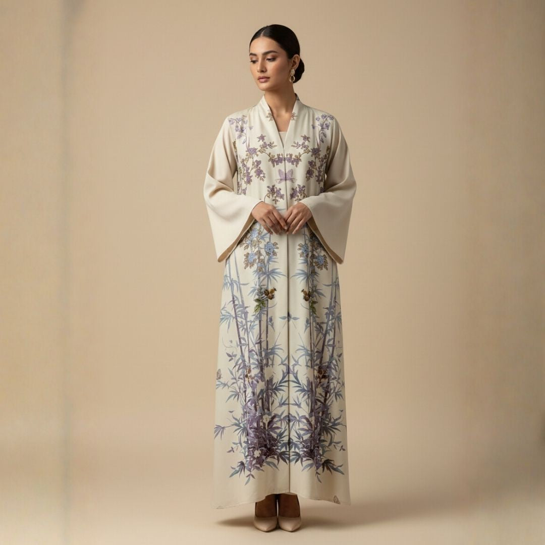 Blue Crimson Botanical Bloom Abaya - Unstitched
