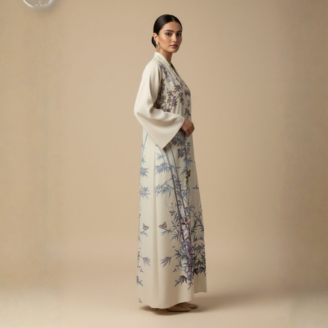 Blue Crimson Botanical Bloom Abaya - Unstitched