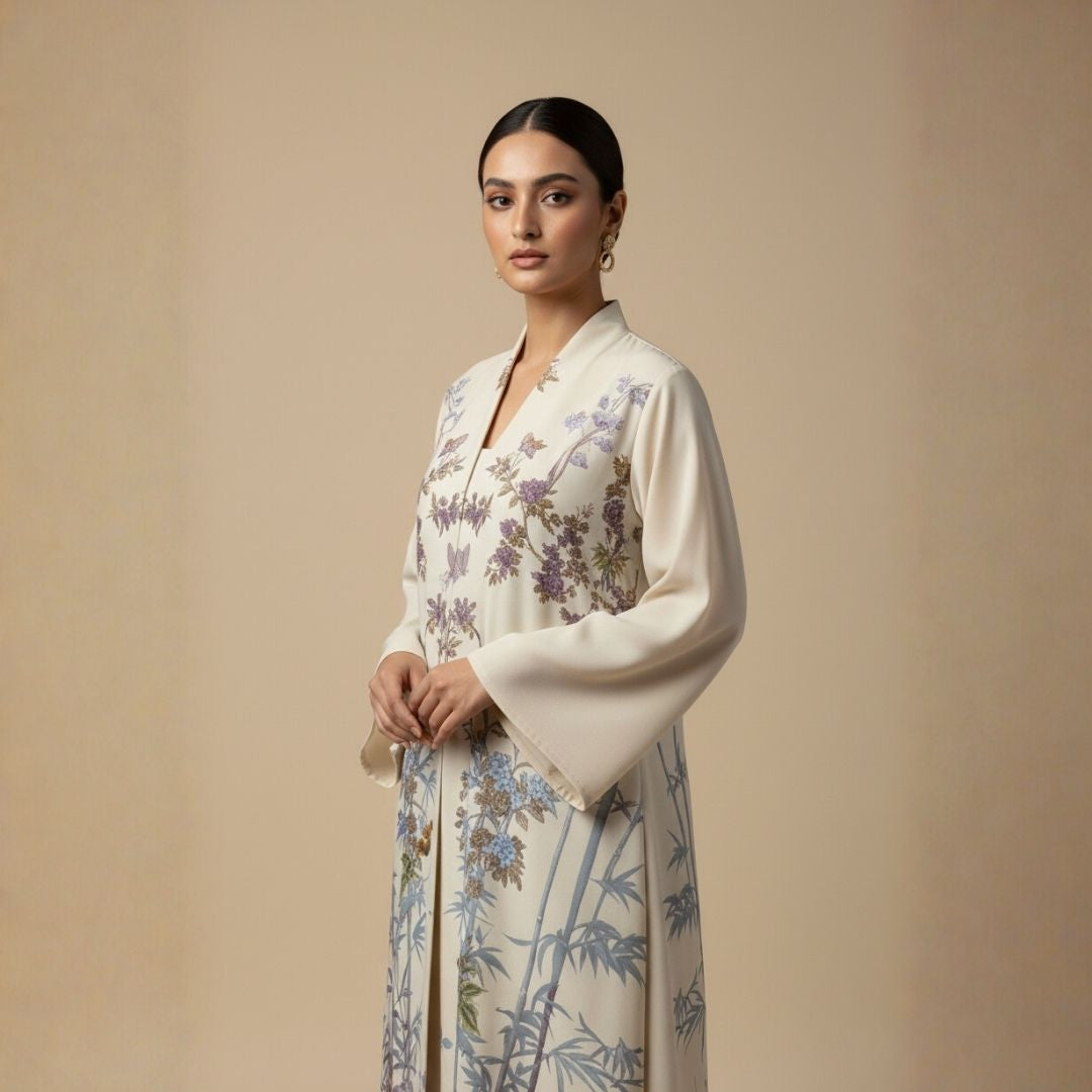 Blue Crimson Botanical Bloom Abaya - Unstitched