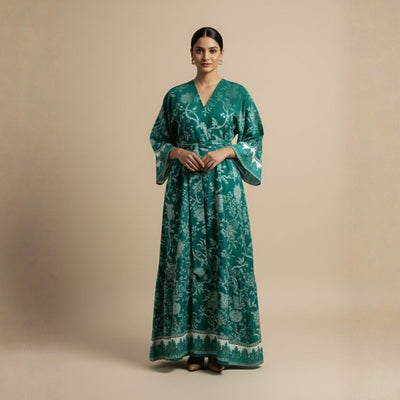 Emerald Heritage Motifs Abaya - Unstitched