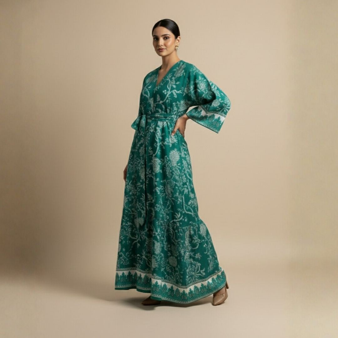 Emerald Heritage Motifs Abaya - Unstitched