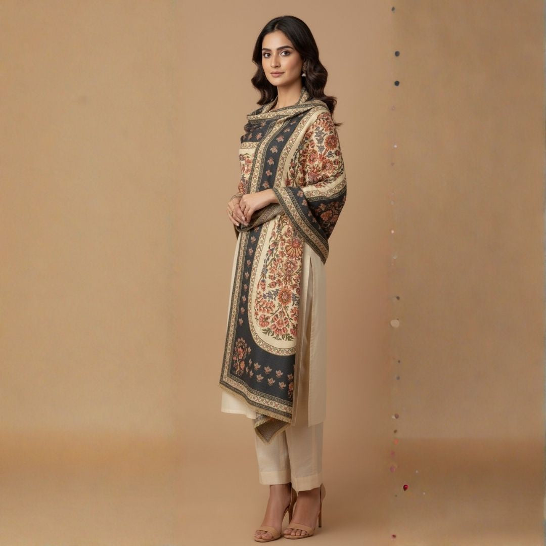 Zeenat Noir Shawl - Herringbone