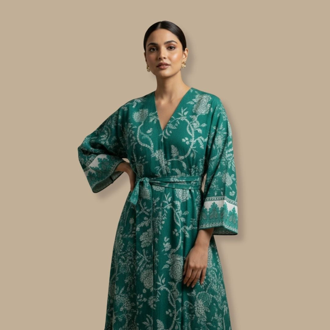 Emerald Heritage Motifs Abaya - Unstitched
