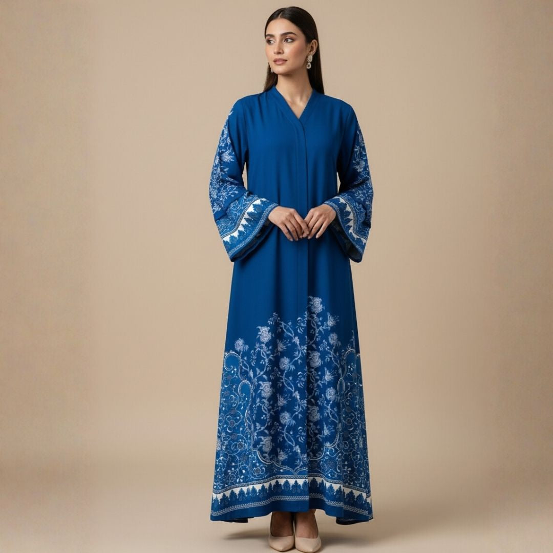 Royal Blue Vinework Abaya - Unstitched