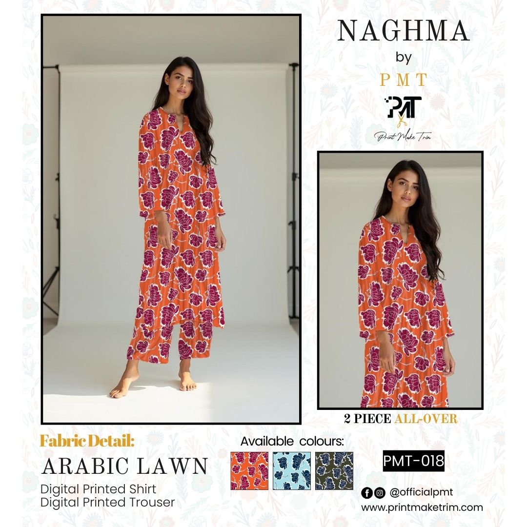 Unstitched Arabic Lawn Two-Piece Olive Bloom Orange