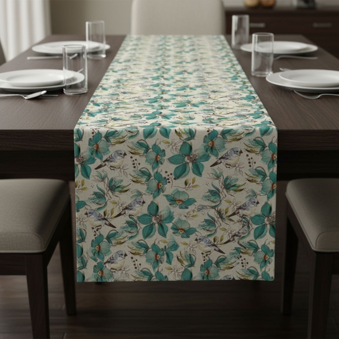 Table Runner in Teal Blossom Songbird