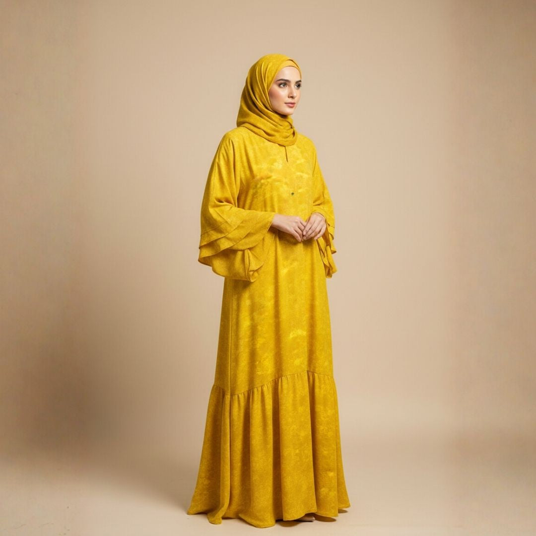 Mustard Glacier Texture Abaya - Unstitched
