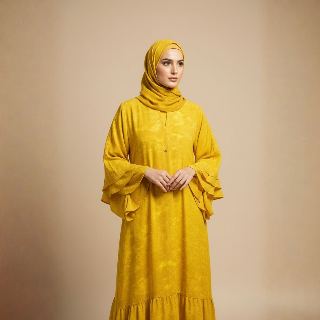 Mustard Glacier Texture Abaya - Unstitched