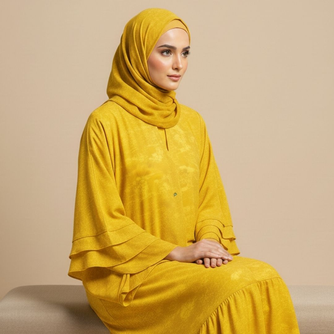 Mustard Glacier Texture Abaya - Unstitched