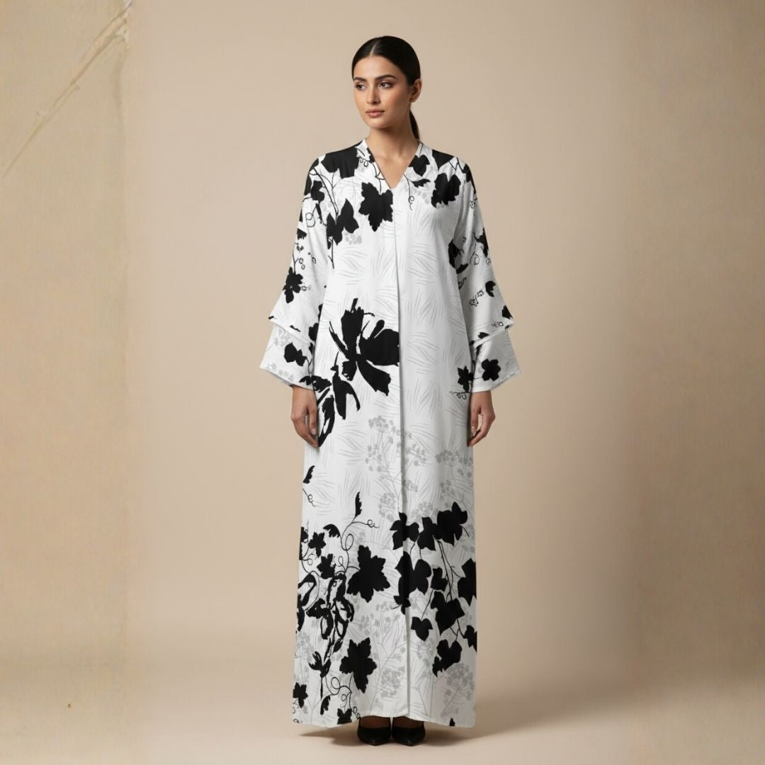 Monochrome Meadow Florals Abaya - Unstitched