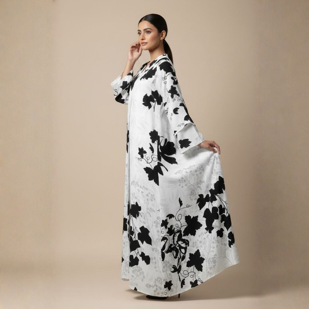 Monochrome Meadow Florals Abaya - Unstitched
