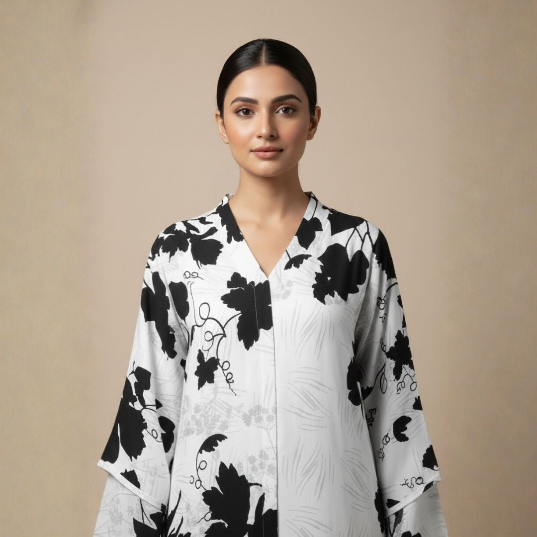 Monochrome Meadow Florals Abaya - Unstitched