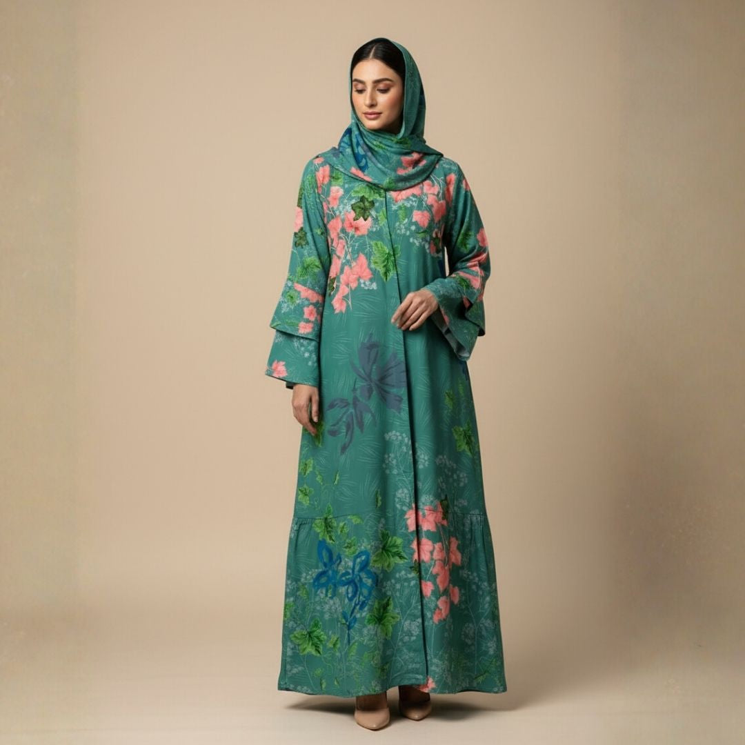 Green Meadow Florals Abaya - Unstitched