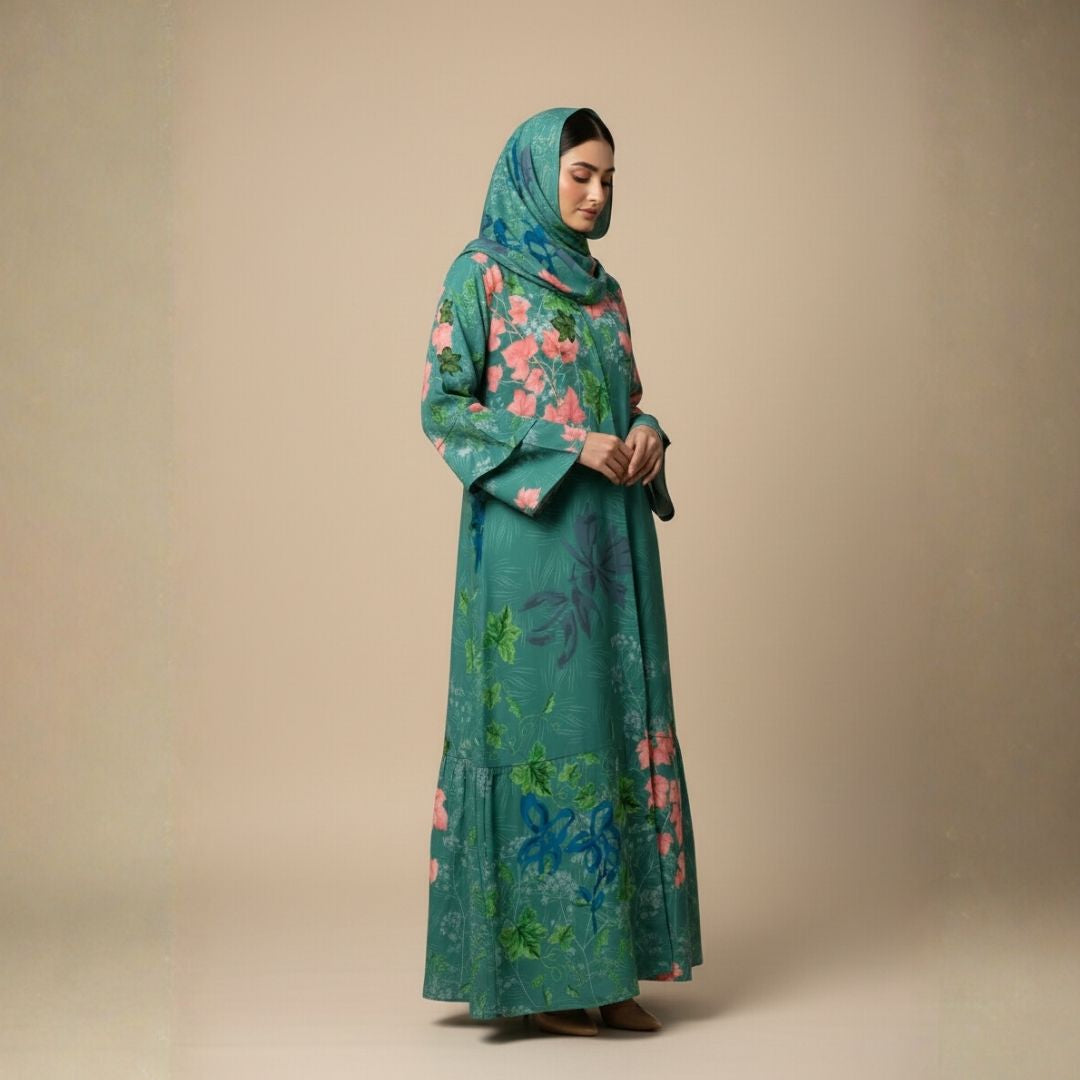 Green Meadow Florals Abaya - Unstitched