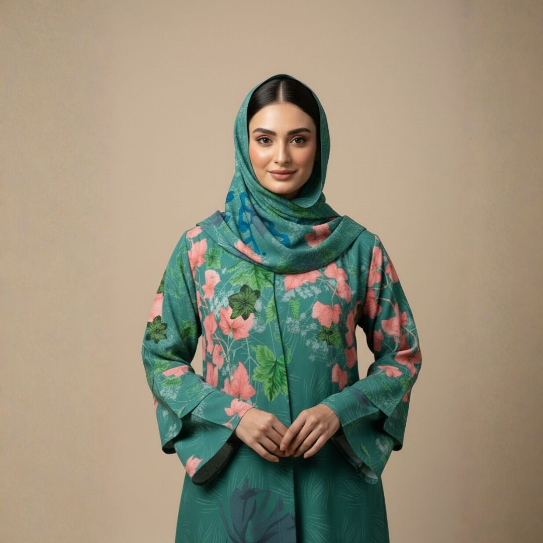 Green Meadow Florals Abaya - Unstitched