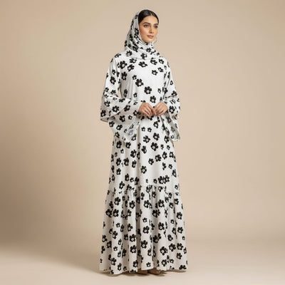 Monochrome Daisy Bloom Abaya - Unstitched