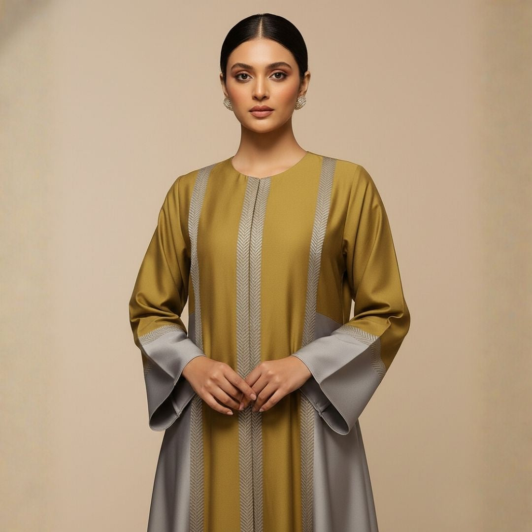 Olive Mist Stripes Abaya - Unstitched