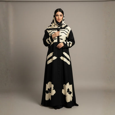 Noir Abstract Florals Abaya - Unstitched