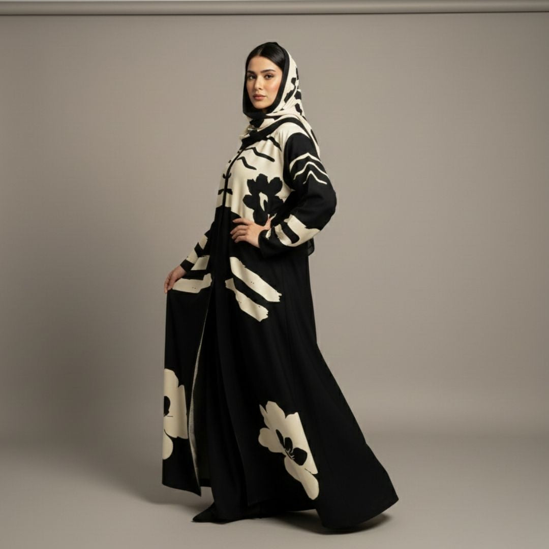 Noir Abstract Florals Abaya - Unstitched