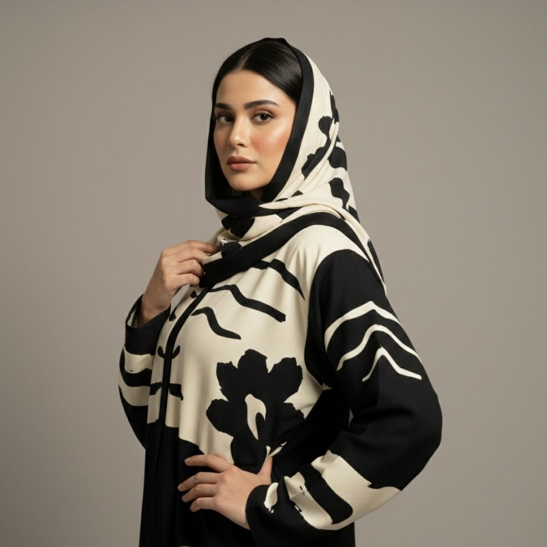 Noir Abstract Florals Abaya - Unstitched