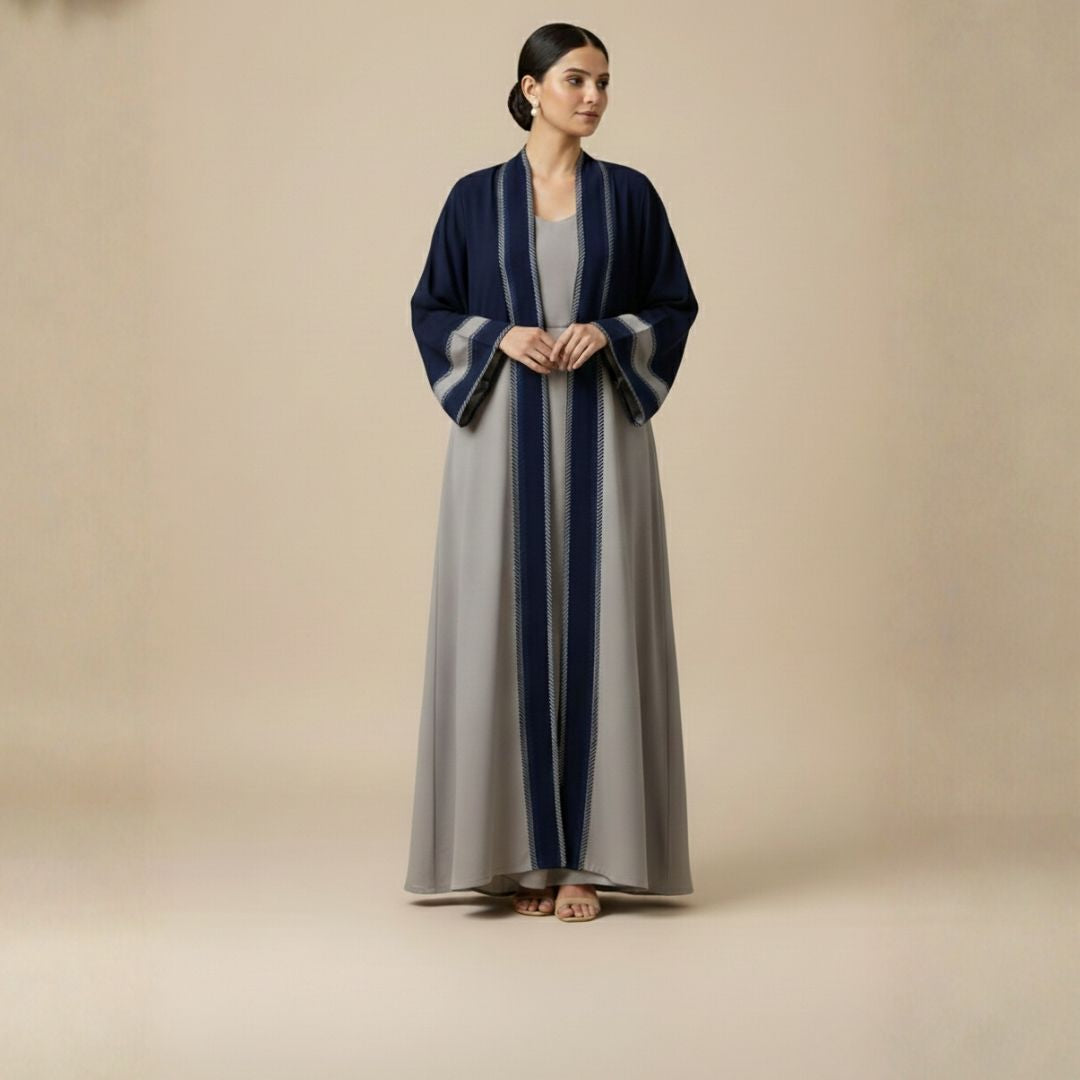 Navy Mist Stripes Abaya - Unstitched