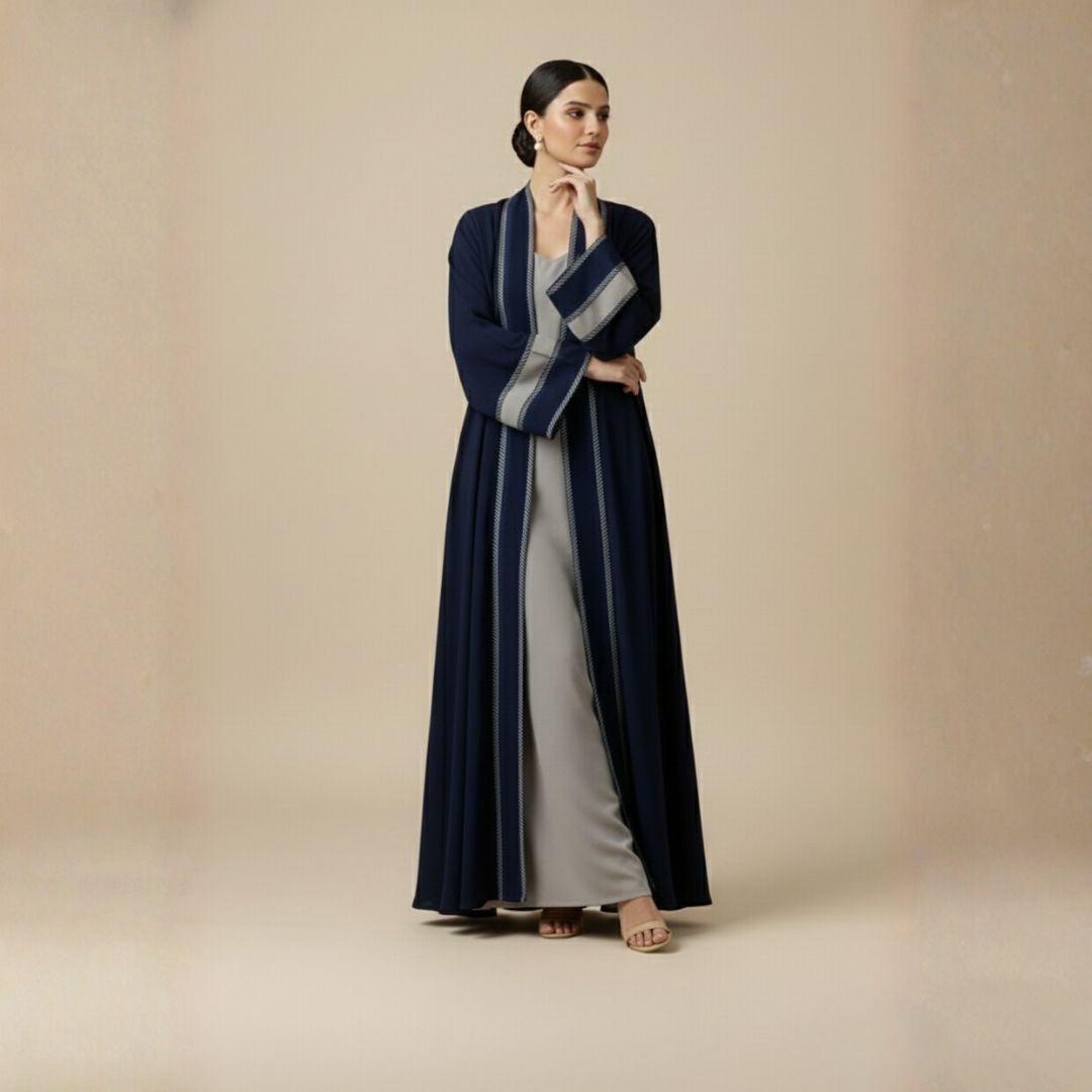Navy Mist Stripes Abaya - Unstitched