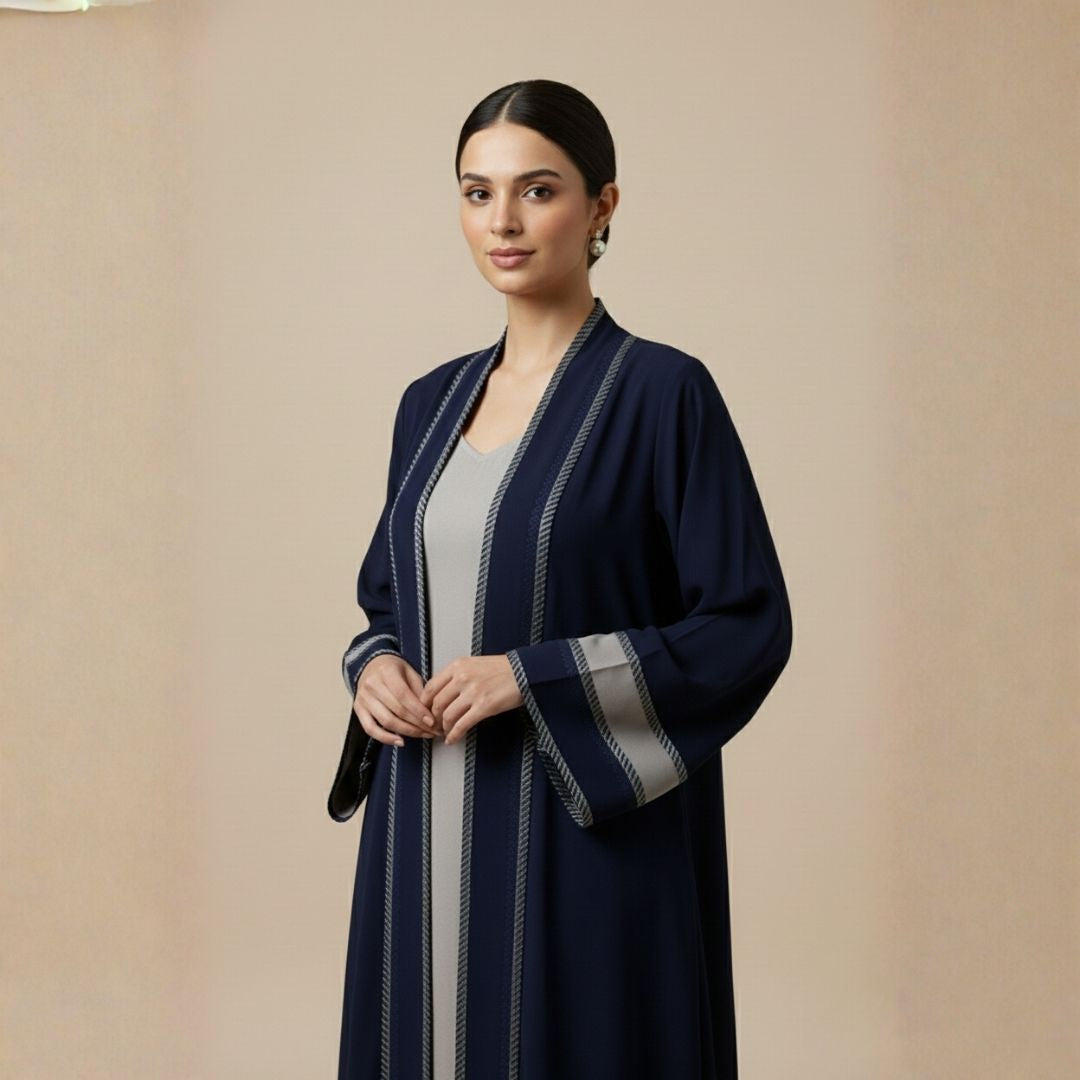 Navy Mist Stripes Abaya - Unstitched