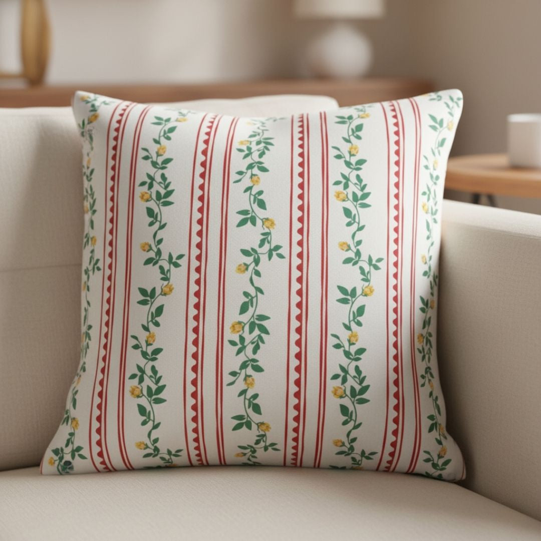 Cushion in Crimson Stripe Garden Vine