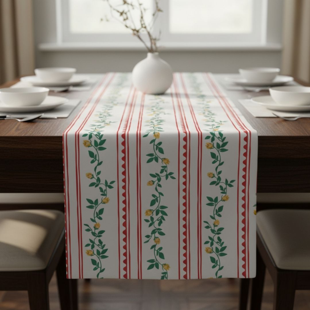 Table Runner in Crimson Stripe Garden Vine