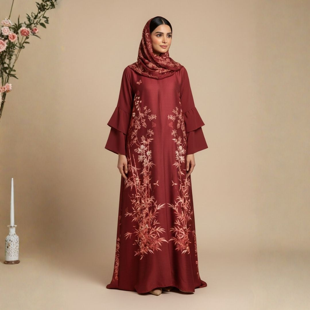 Red Crimson Botanical Bloom Abaya - Unstitched
