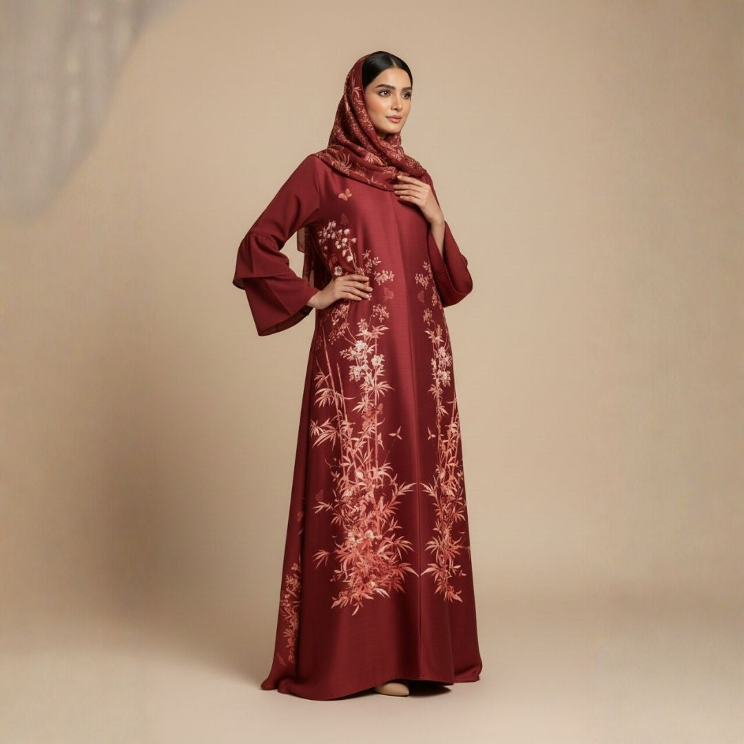 Red Crimson Botanical Bloom Abaya - Unstitched