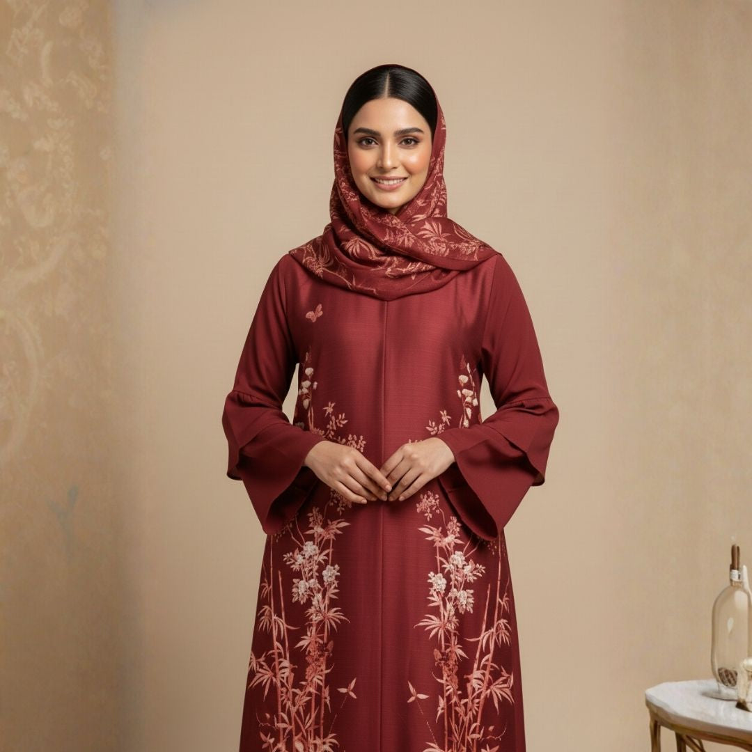 Red Crimson Botanical Bloom Abaya - Unstitched