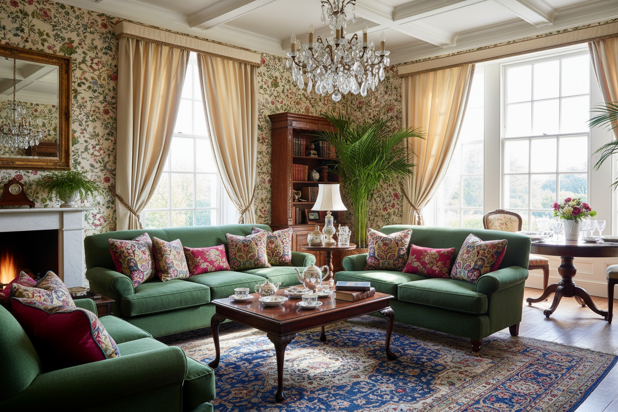 Show a lounge with large widows and tall curtains printed with english county luxury liberty london style cushions, wallpaper, sofa setting. Showcasing exquisite english living & decor/dining